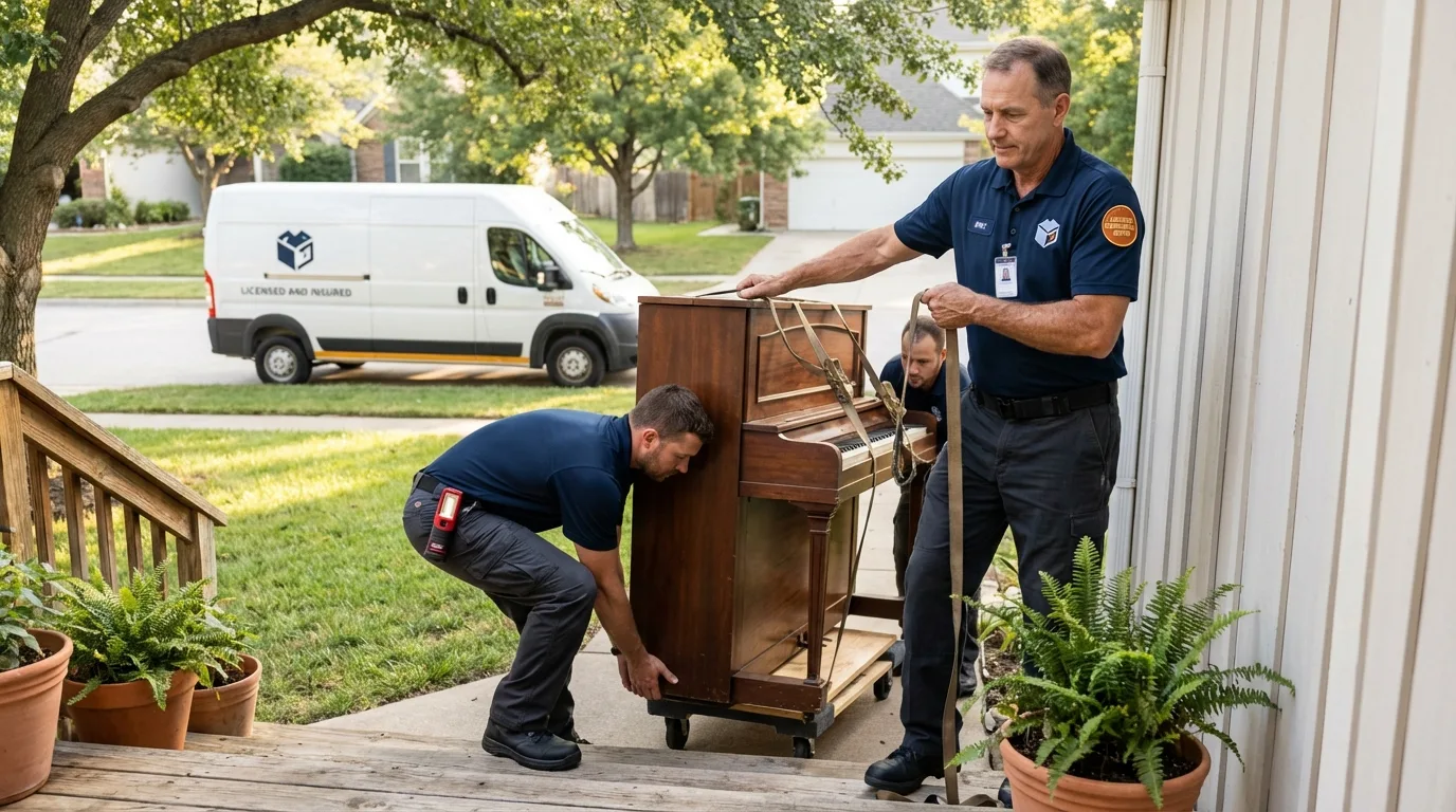 Licensed piano movers securing grand piano in Huntingdon, TN