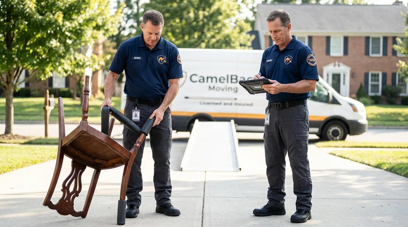 Movers inspecting furniture for damage prevention before loading in Huntingdon, TN