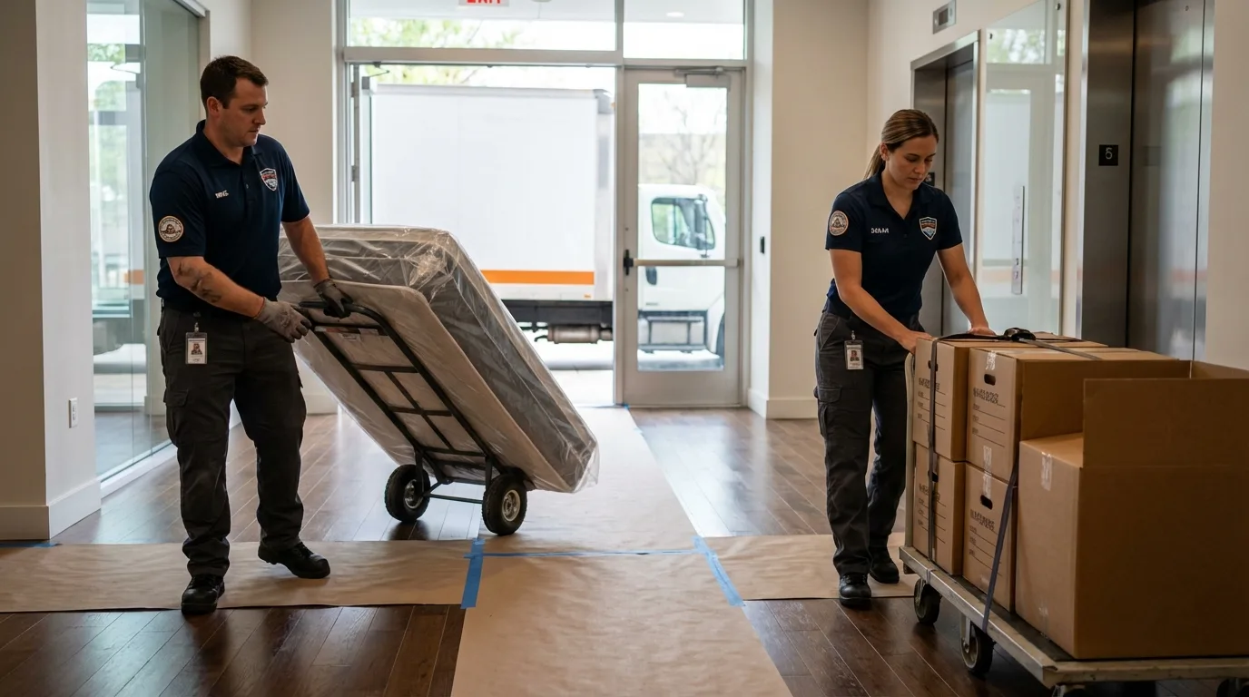 Professional apartment movers loading elevator in Huntingdon, TN