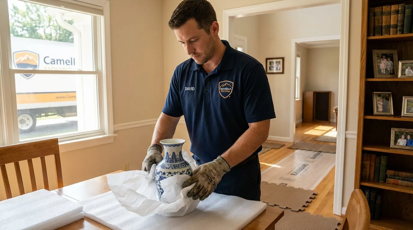 Professional crew carefully wrapping antique vase for senior downsizing move in Huntingdon, TN